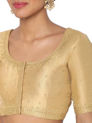 Salwar Studio Women's Gold Silk Blend Embroidered Readymade Saree Blouse 5