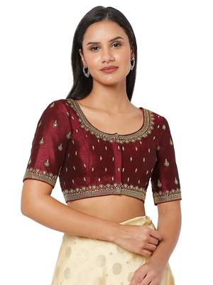 Salwar Studio Women's Maroon Silk Blend Embroidered Readymade Saree Blouse 1