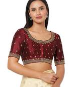 Salwar Studio Women's Maroon Silk Blend Embroidered Readymade Saree Blouse