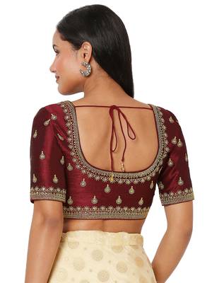 Salwar Studio Women's Maroon Silk Blend Embroidered Readymade Saree Blouse 2