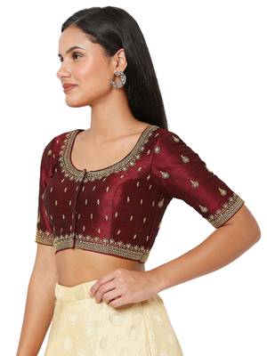 Salwar Studio Women's Maroon Silk Blend Embroidered Readymade Saree Blouse 3