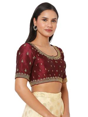 Salwar Studio Women's Maroon Silk Blend Embroidered Readymade Saree Blouse 4