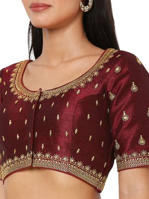 Salwar Studio Women's Maroon Silk Blend Embroidered Readymade Saree Blouse 5