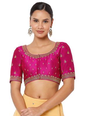 Hot Pink Silk Threadwork Readymade Blouse 1