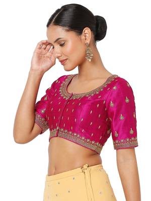 Hot Pink Silk Threadwork Readymade Blouse 3