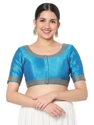 Salwar Studio Women's Peacock Blue  Silk Blend Embroidered Readymade Saree Blouse 1