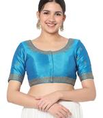 Salwar Studio Women's Peacock Blue  Silk Blend Embroidered Readymade Saree Blouse