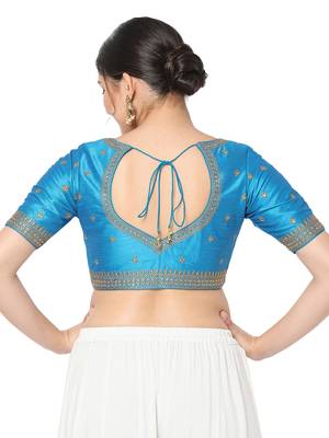 Salwar Studio Women's Peacock Blue  Silk Blend Embroidered Readymade Saree Blouse 2