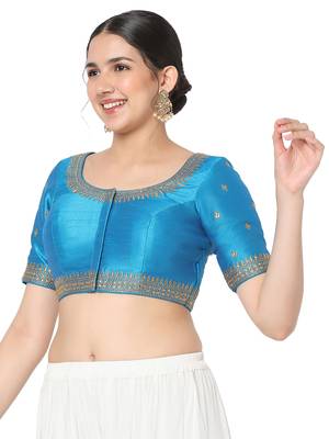 Salwar Studio Women's Peacock Blue  Silk Blend Embroidered Readymade Saree Blouse 3