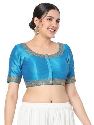 Salwar Studio Women's Peacock Blue  Silk Blend Embroidered Readymade Saree Blouse 4