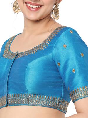 Salwar Studio Women's Peacock Blue  Silk Blend Embroidered Readymade Saree Blouse 5