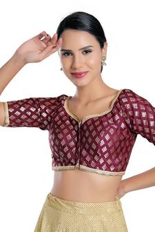 Salwar Studio Women's Maroon Silk Readymade Saree Blouse