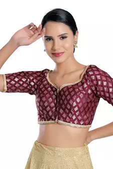Salwar Studio Women's Maroon Silk Readymade Saree Blouse