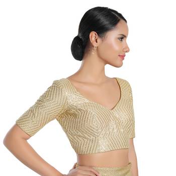 Salwar Studio Women's Golden Silk Readymade Saree Blouse 5