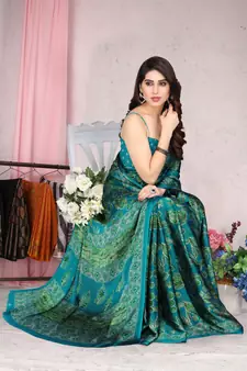 Turquoise Printed Chiffon Saree With Blouse