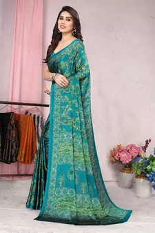 Turquoise Printed Chiffon Saree With Blouse