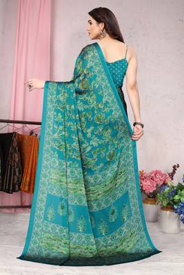 Turquoise Printed Chiffon Saree With Blouse 4