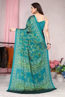 Turquoise Printed Chiffon Saree With Blouse
