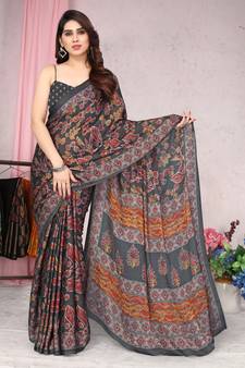 Grey Printed Chiffon Saree With Blouse