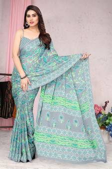 Grey Printed Chiffon Saree With Blouse