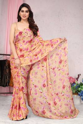 Orange Printed Chiffon Saree With Blouse 1