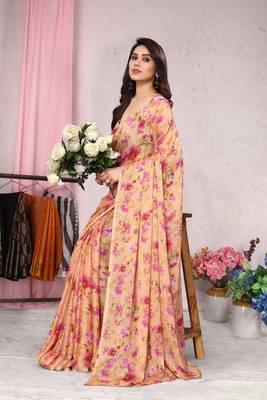 Orange Printed Chiffon Saree With Blouse 2
