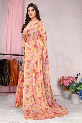 Orange Printed Chiffon Saree With Blouse 3