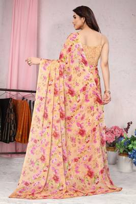Orange Printed Chiffon Saree With Blouse 4