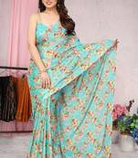 Turquoise printed chiffon saree with blouse