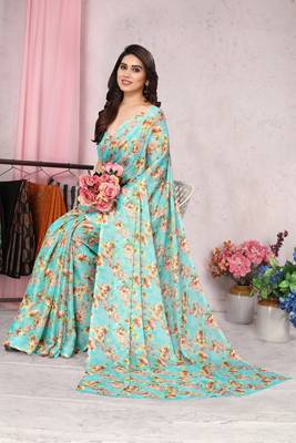 Turquoise printed chiffon saree with blouse 2