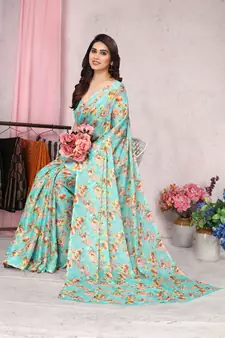 Turquoise printed chiffon saree with blouse
