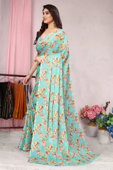 Turquoise printed chiffon saree with blouse