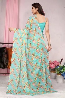 Turquoise printed chiffon saree with blouse
