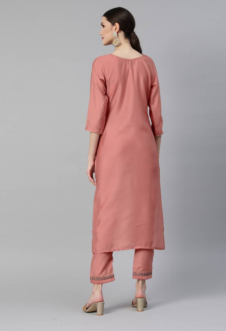 Peach Sequence Embroidery with Gota Patti Border Silk Blend Kurta Pant Set