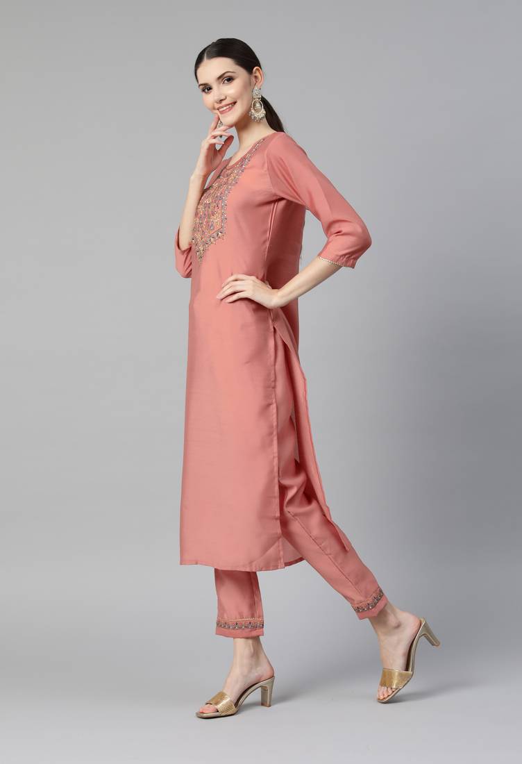Peach Sequence Embroidery with Gota Patti Border Silk Blend Kurta Pant Set