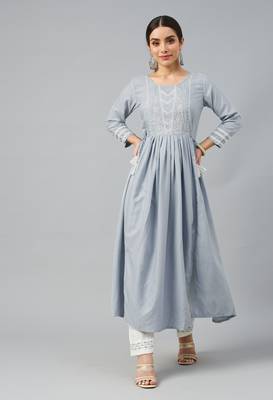 Grey Sequence Embroidered Cotton Blend Kurta Pant Set 1