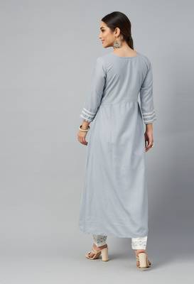 Grey Sequence Embroidered Cotton Blend Kurta Pant Set 2
