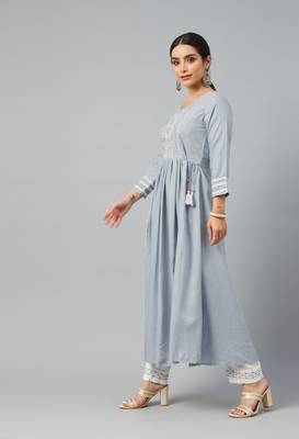Grey Sequence Embroidered Cotton Blend Kurta Pant Set 3