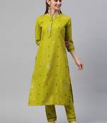 Lime Green Floral Foil Printed Ruby Cotton Kurta Pant Set