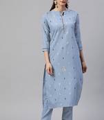 Sky Blue Floral Foil Printed Ruby Cotton Kurta Pant Set