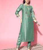 Green Floral Zari Embroidered Cotton Blend Kurta Pant Set