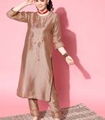 Brown Floral Zari Embroidered Cotton Blend Kurta Pant Set