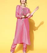 Pink Floral Zari Embroidered Cotton Blend Kurta Pant Set