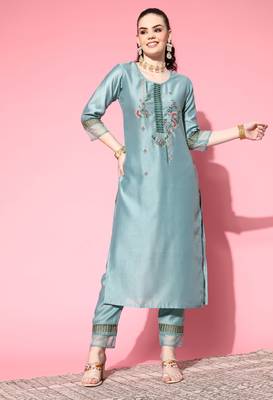 Blue Floral Zari Embroidered Cotton Blend Kurta Pant Set 1