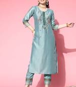 Blue Floral Zari Embroidered Cotton Blend Kurta Pant Set