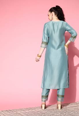 Blue Floral Zari Embroidered Cotton Blend Kurta Pant Set 2