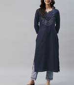 Blue Mirror Work Zari Embroidered Ruby Cotton Kurta Pant Set