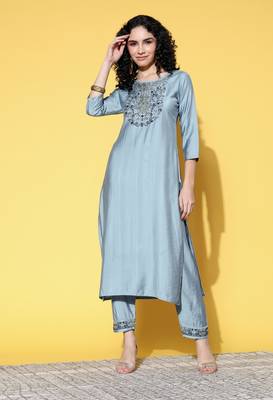 Grey Zari Sequence Embroidered Viscose Straight Kurta Pant Set 1
