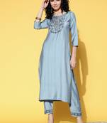 Grey Zari Sequence Embroidered Viscose Straight Kurta Pant Set
