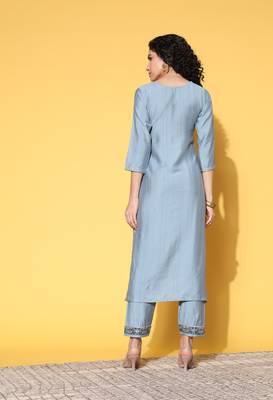 Grey Zari Sequence Embroidered Viscose Straight Kurta Pant Set 2